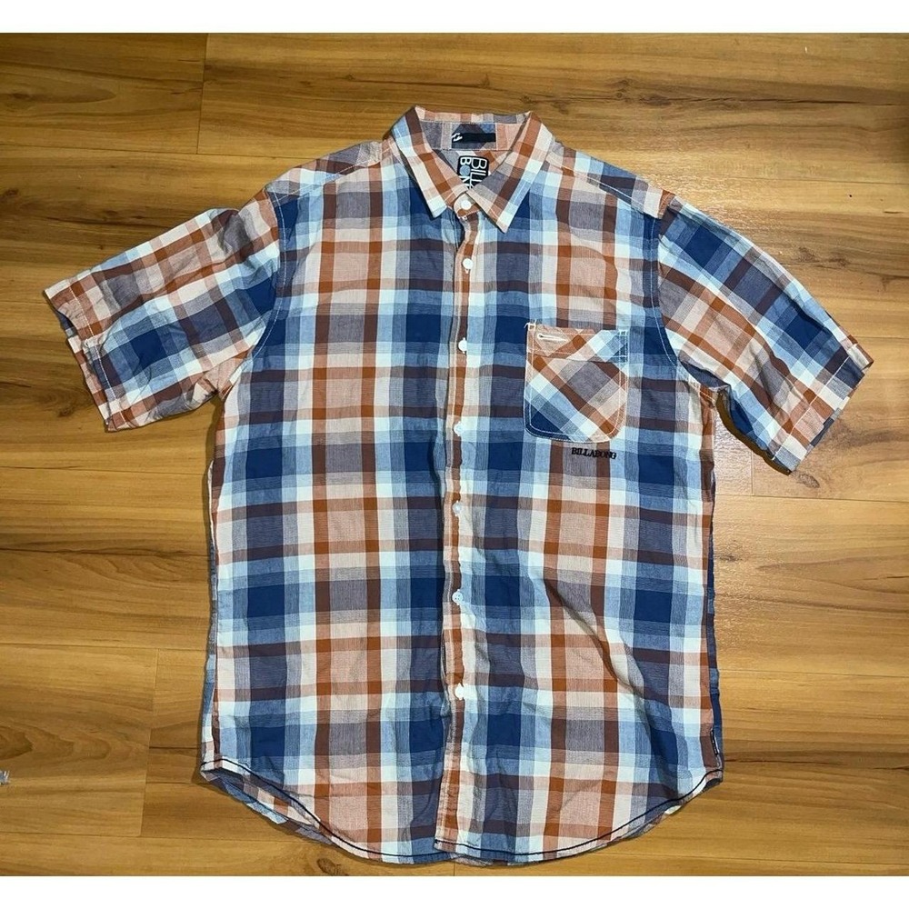 Mens Billabong Plaid Button Down Casual Pocket Short Sleeve 100% Cotton Shirt